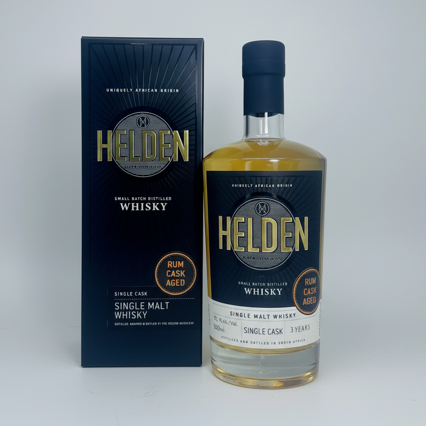 Helden whisky bottle and packaging on a white background