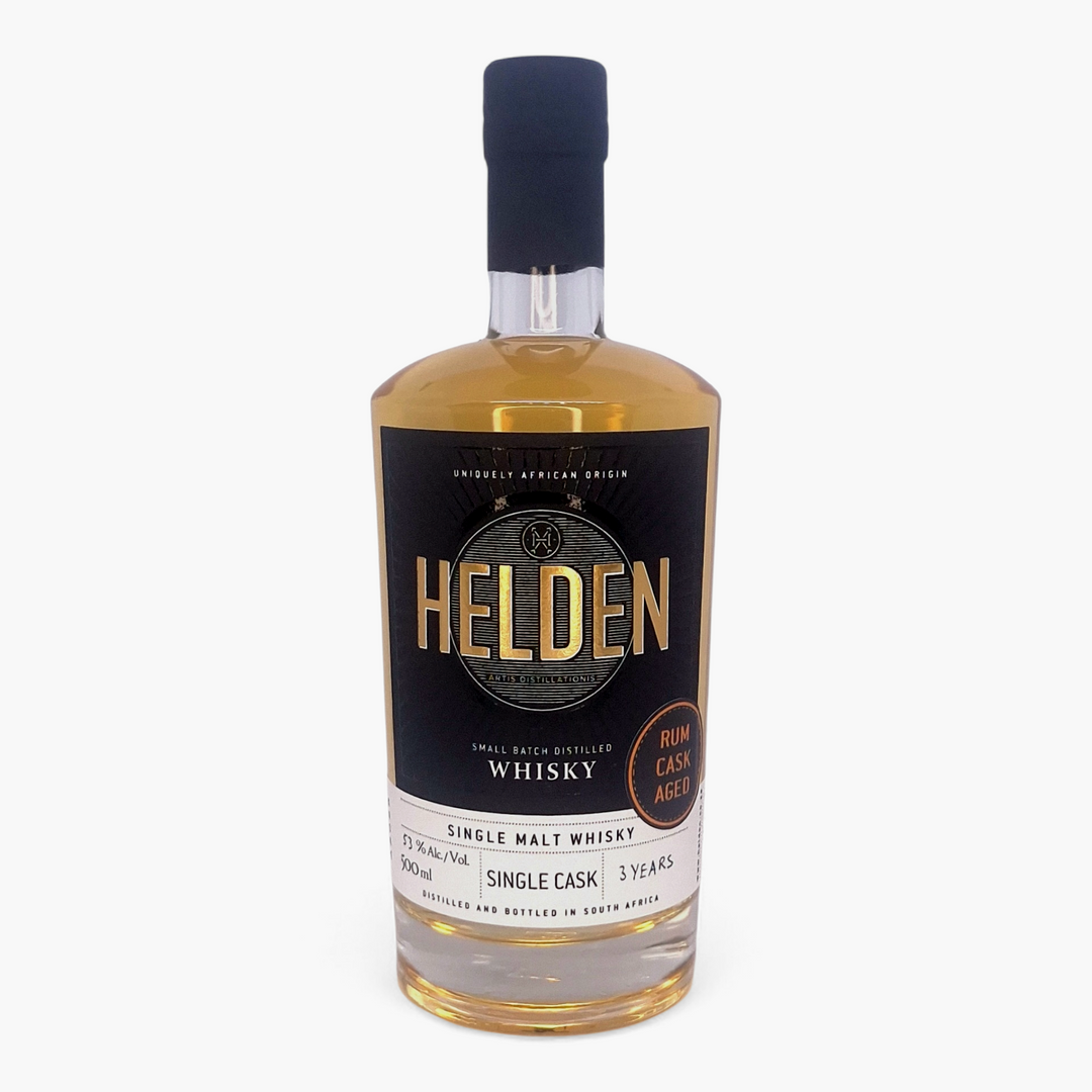 Bottle of Helden whisky on a white background
